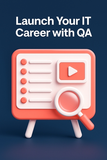 3D plastic-style illustration with QA career theme in navy blue background, coral highlights, and white accents.