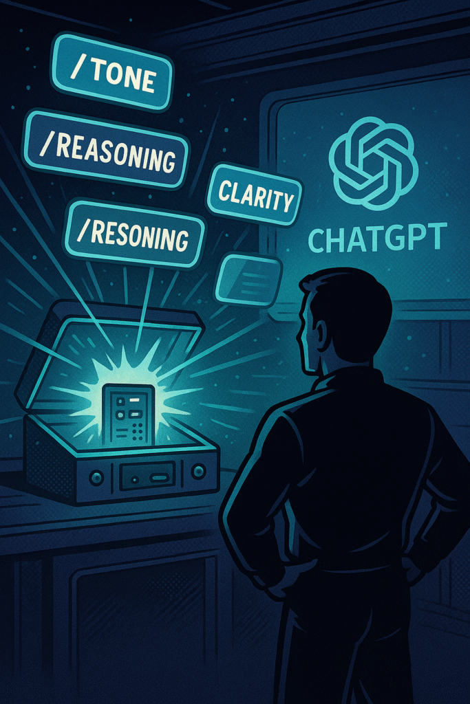 Hero comic-style visual of a user unlocking hidden ChatGPT controls with slash commands floating above a holographic console.