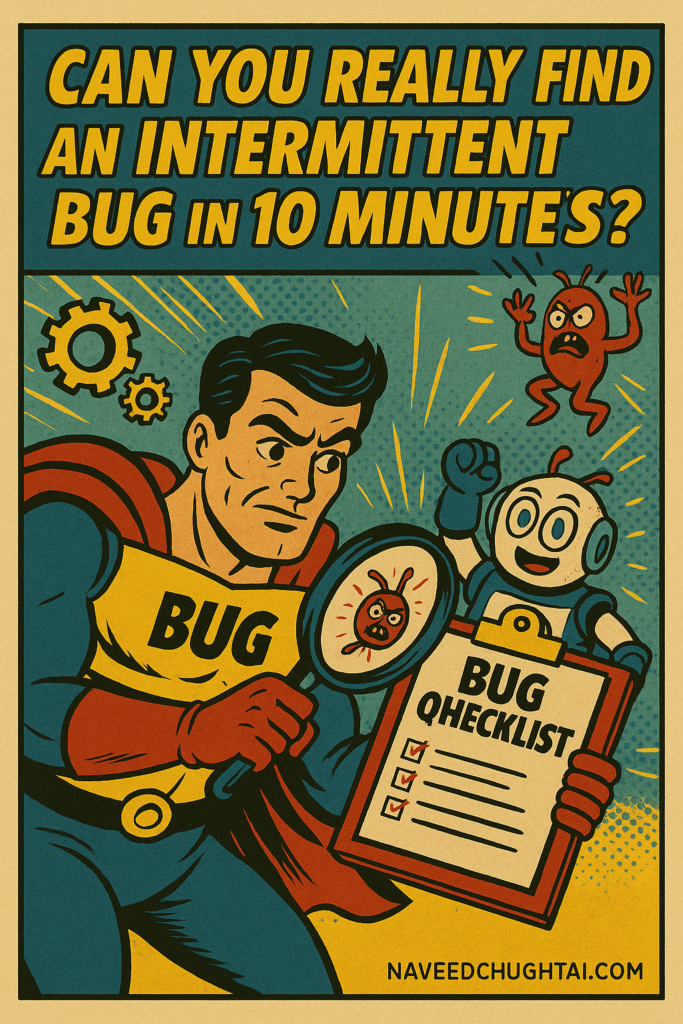 Comic-style QA hero chasing a red bug across a dashboard with a robot assistant holding a checklist.