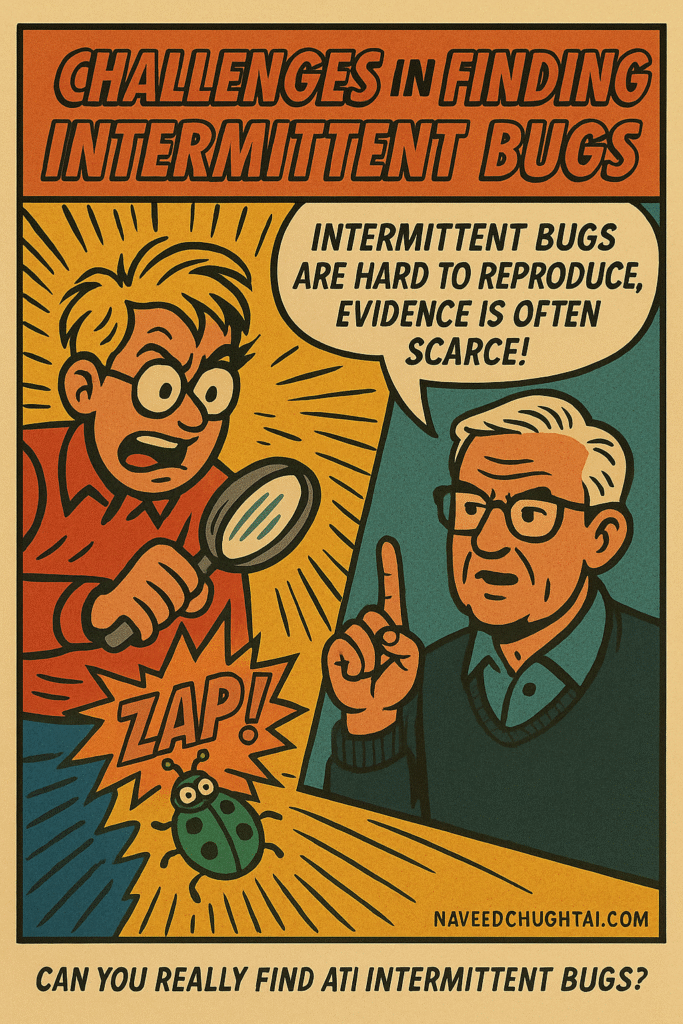QA engineer chasing vanishing bugs labeled Environment Drift, Weak Logs, Human Bias.