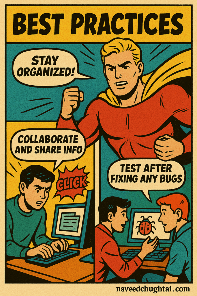 Mentor superhero guiding testers up glowing steps labeled Logs, Automation, Parity, Context.